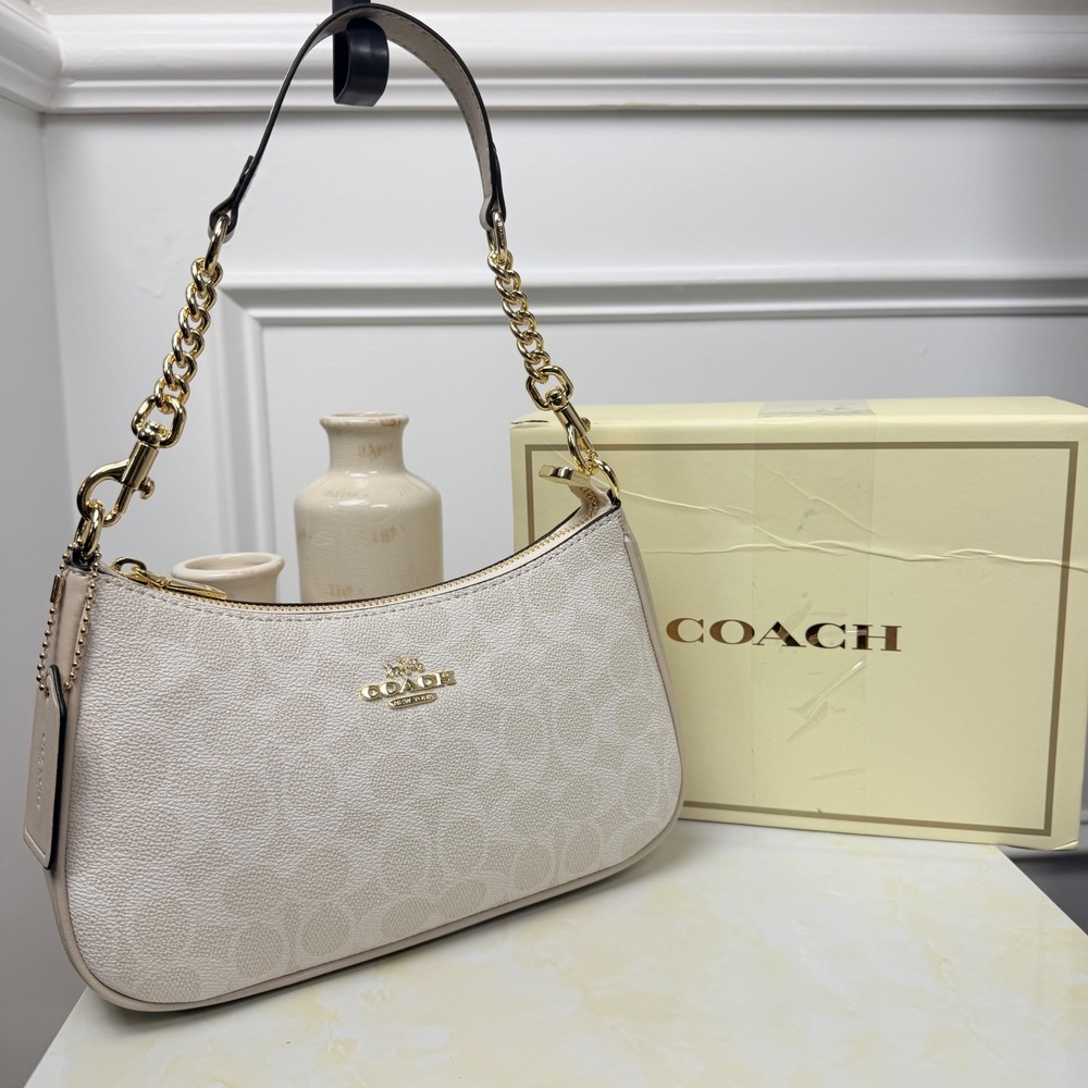 Coach Teri Shoulder Bag Signature Canvas Chalk Light Saddle